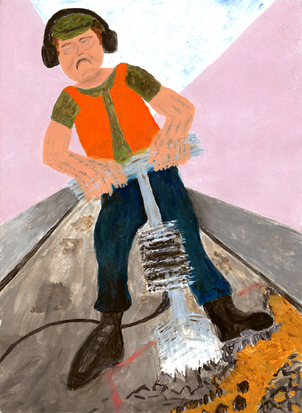 Bauarbeiter mit Pressluft-Meissel auf Asphalt